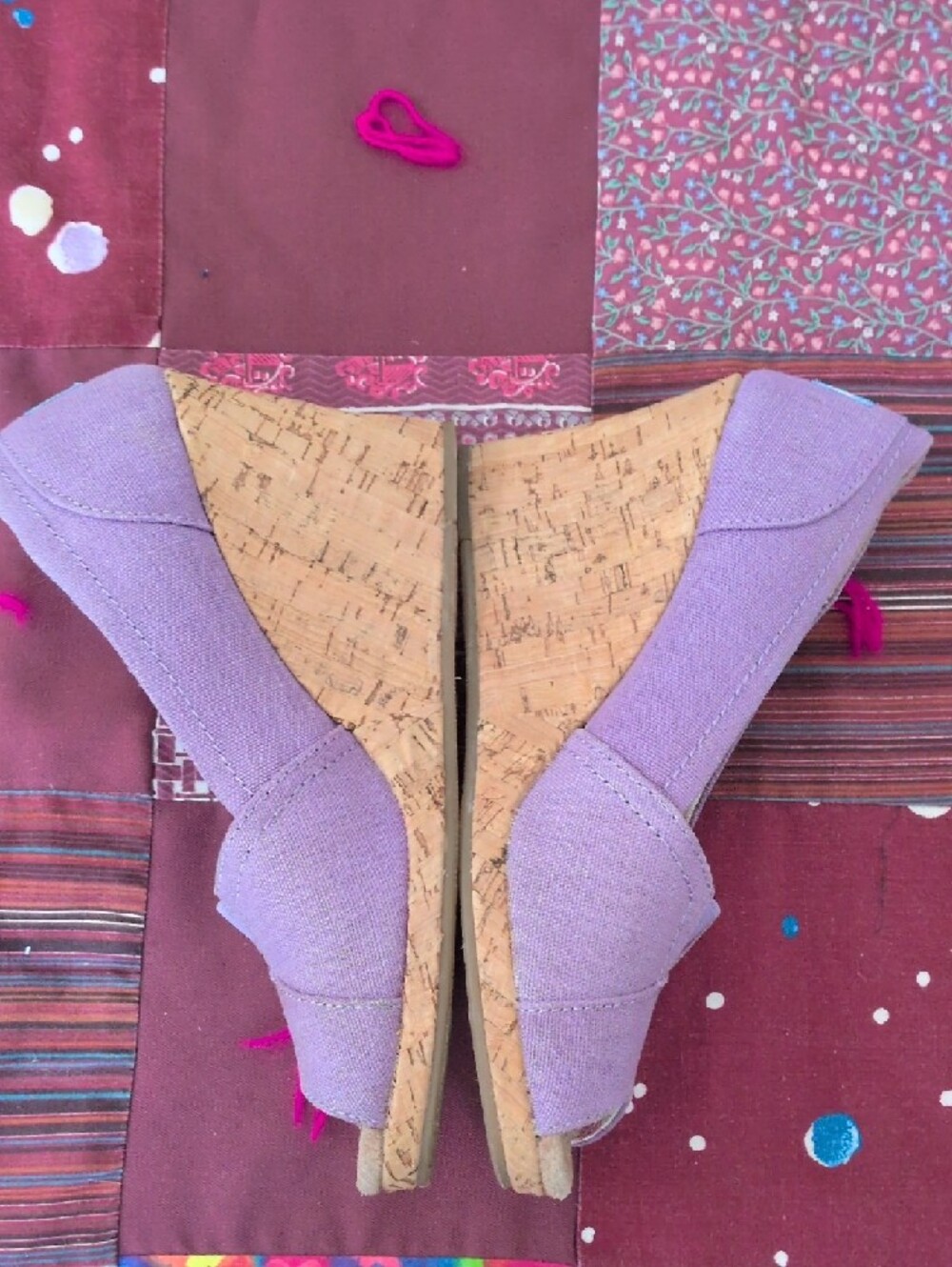 TOMS Lavender Canvas Cork Wedge Peep-Toe Shoes - Picture 3 of 9